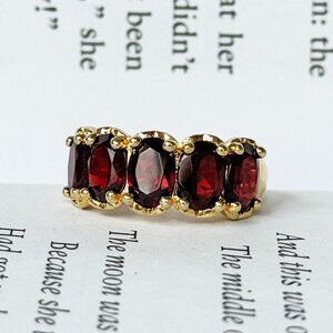 Vintage Gold Over .925 Sterling Silver 5 Stone Oval Cut Garnet Ring 5.6gm